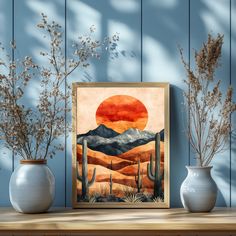 three vases are sitting on a table with a painting in front of the wall