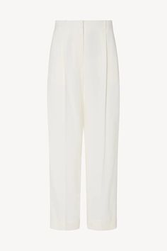 Tor Pant White in Viscose – The Row Elegant High-waisted Viscose Pants, Elegant Viscose Pants For Spring, Elegant Ankle-length Viscose Wide Leg Pants, Elegant Viscose Wide Leg Pants For Work, Chic Formal Viscose Pants, Elegant Bottoms With Straight Hem For Spring, High-waisted Viscose Wide Leg Pants For Work, White Pants With Pressed Crease For Work, White Pressed Crease Pants For Work