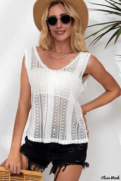 Olivia Mark - Blusa de encaje bordado y crochet con cuello en V Summer V-neck Tops With Crochet Lace, Casual Non-stretch Lace Top, Summer Crochet Lace V-neck Top, V-neck Tops With Crochet Trim For Vacation, Spring Vacation Crochet V-neck Top, Casual V-neck Lace Top For Summer, Spring V-neck Crochet Top With Open Knit, Summer Lace V-neck Blouse, Lace V-neck Blouse For Summer