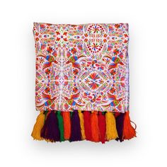 an embroidered pillow with tassels on the bottom and fringed edges, in multi - colored colors