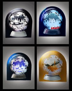 four different snow globes with trees and mountains in them, all painted white and blue