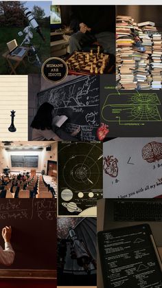 a collage of photos with people writing on blackboards and books in front of them