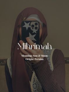 a woman taking a selfie with her cell phone in front of her head and the words,'muslim meaning, sun & moon origin, origin, persian