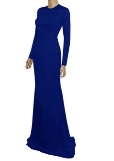 a mannequin wearing a blue dress with long sleeves and a high neckline