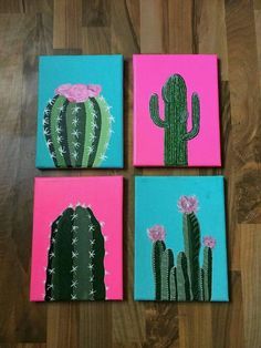 four cactus paintings on pink and blue paper