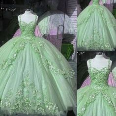 Green Quinceanera Dresses Princess And The Frog, Light Green Sweet Sixteen Dress, Quinceanera Dress Sage Green, Light Green Poofy Dress, Light Green Xv Dresses, Green Dress For Sweet 16, Green Floral Quinceanera Dresses, Light Green Ball Gown Princesses, Tiana Theme Quinceanera