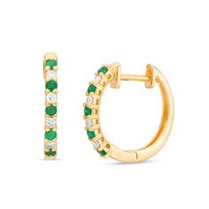 She’ll admire the anytime appeal of these colorful gemstone and diamond hoop earrings. Crafted in 14K gold, each shimmering hoop features a row of alternating rich 1.5mm verdant-green emeralds and sparkling petite diamonds. Captivating with 1/10 ct. t.w. of diamonds and a brilliant buffed luster, these earrings secure with hinged backs. Zales Zales, Unique Earring, Emerald Stone, Diamond Hoop Earrings, Green Stone, Diamond Stone, Earring Backs, Unique Earrings, Stone Settings