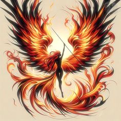 an artistic painting of a woman with fire wings