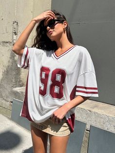 Colorblocked Football Jersey Multicolor Casual  Short Sleeve Knitted Fabric Letter  Non-Stretch  Women Clothing, size features are:Bust: ,Length: ,Sleeve Length: Floral Lace Shorts, Jersey Outfit, Football Outfits, Gameday Outfit, Tennis Dress, Women T Shirts, Inspiration Mode, Football Jersey, Football Jerseys