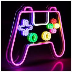 a neon game controller with buttons on the front and back sides, lit up in different colors