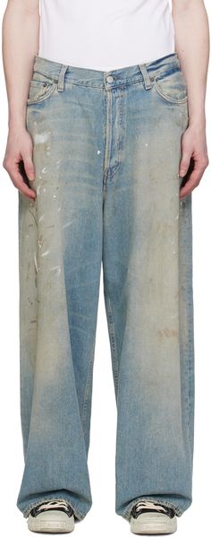 Baggy-fit wide-leg non-stretch cotton- and lyocell-blend denim jeans. Fading, paint splatter effect, and distressing throughout. · Belt loops · Five-pocket styling · Button-fly · Leather logo patch at back waistband Supplier color: Light blue Baggy Fit Jeans, Acne Studios Jeans, Acne Studio, Bleached Denim, Leather Jeans, Studio Blue, Leather Logo, Baggy Fits, Baggy Jeans