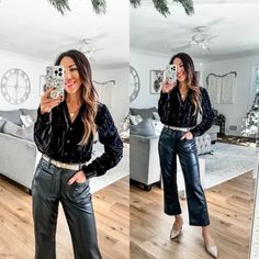 Small top. 0 short faux leather pants. Holiday outfit. Velvet shirt Click on my link below to shop. Affiliate Link: https://liketk.it/4WJvU #LTKHoliday#LTKFindsUnder50#LTKSaleAlert Leather Pants Holiday Outfit, Velvet Shirt