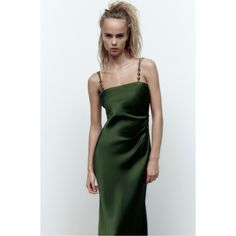 Nwt New Zara Green Satin Effect Dress With Jewel Straps Size Small 97% Polyester 3% Elastane My Measurements Are A Guide And Only Approx Y2k, Summer, Spring, Striped, Retro, 60s, 70s, 80s, 90s, Boho, Bohemian, Lightweight, Airy, Breezy, Date, Brunch, Hollywood, Celebrity, Melrose, Sustainable, Eco-, Conscious, Eco-Friendly, Fitted, A-Line, Fit & Flare Spring, Retro, Midi, Thigh Split, Velvet, Stretch, Flattering, Feminine, Flirty, Fitted, Curvy, Dual Chromatic, Forest, Lace, Sparkle, Neck, Frill 90s Boho, Green Silk Dresses, Hollywood Celebrity, Zara Woman Dress, Retro 60s, Y2k Summer, Holiday Party Dresses, Satin Midi Dress, Green Satin