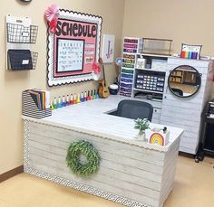 the front desk of a school with a wreath on it