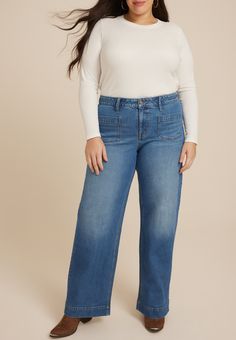 Plus Size Patch Pocket High Rise Wide Leg Jean - Materials & Care:imported - 73% cotton 25% lyocell 2% elastane - machine wash Plus Size Wide Leg Jeans, Spirit Jeans, 2024 Fits, Maurices Plus Size, High Rise Wide Leg Jeans, Curvy Jeans, Jeans Material, List Style, Flowy Tops