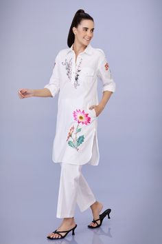 White rolled up sleeves collared pathani style tunic with aster flora cutwork and multi thread embroidery. Paired with a trouser. - Aza Fashions White Aster, Rolled Up Sleeves, Tunic Pattern, Collar Neck, Cotton Embroidery, Thread Embroidery, Embroidered Tunic, Turndown Collar, Roll Up Sleeves