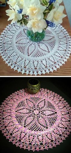 crocheted doily with flowers and vase on the table in two different photos