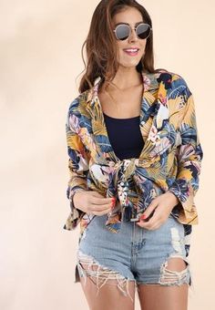 Shop Canary Clothing – SHOP CANARY CLOTHING Tropical Print Top, Mango Yellow, Drape Jacket, Long Bell Sleeves, Button Up Top, Summer Day, Tropical Print, Summer Tops, Print Tops