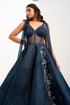 Shop for Nayna Kapoor Blue Silk Floral Embellished Corset Gown for Women Online at Aza Fashions Evening Gown With Sheer Organza Bodice, Organza Ball Gown With Fitted Bodice For Evening, Fitted Bodice Organza Ball Gown For Evening, Sleeveless Corset Dress With Sheer Bodice In Organza, Sleeveless Corset Dress With Sheer Bodice, Fitted Sleeveless Corset Dress With Sheer Bodice, Organza Ball Gown With Sheer Bodice, Organza Gown With Sweetheart Neckline For Evening, Blue Evening Dress With Boned Bodice