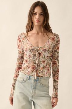 Garden Blossoms Floral Mesh Layered Tie-Front Top - ShopPromesa Stretch Mesh Top With Floral Print For Summer, Spring Printed Mesh Top, Casual Summer Printed Mesh Top, Casual Printed Mesh Top For Spring, Layered Design, Front Tie Top, Knit Tops, Layers Design, Waist Length