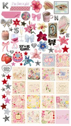 a collage of different types of greeting cards and envelopes with bows, hearts, flowers, stars