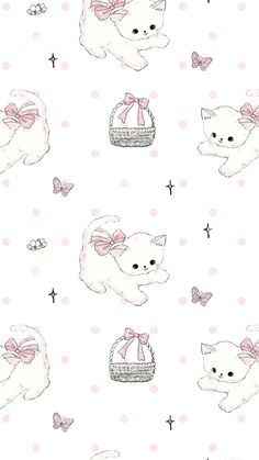 a white cat with pink bows is sitting in a basket and butterflies are flying around