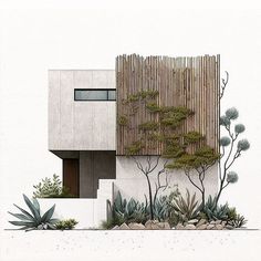 an architectural drawing of a house with trees and plants on the outside wall, in front of a white background