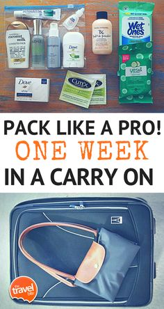 the contents of a carry - on bag are shown in this collage with text that reads pack like a pro one week in a carry on