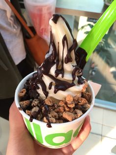 an ice cream sundae is topped with chocolate and nuts