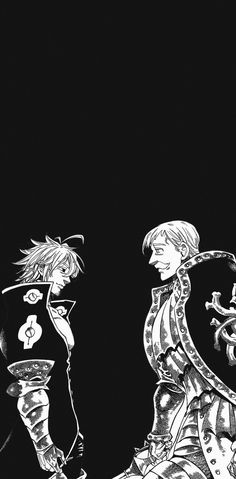 an image of two anime characters in black and white