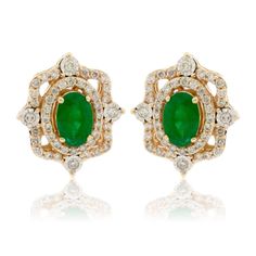 14K Yellow Gold .39ctw Diamond and .88ctw Emerald Stud Earrings Vintage inspired beauty and elegance radiate from these gorgeous emerald and diamond stud earrings. Brilliant diamonds set in a delightful halo of warm 14K yellow gold encircle each vibrant green emerald to create this pair of irresistible emerald and diamond earrings. Product Details: Earring / Setting Information Gemstone Details Accent Stones Style #: ROY H1237EM Type: Emerald Type: Diamond Metal Type: 14K Yellow or White Gold Sh Vintage Emerald Earrings, Nolan Miller Jewelry, Antique Silver Earrings, Vintage Pendant Necklace, Emerald Earrings Studs, Diamond Cluster Engagement Ring, Halo Earrings Studs, Halo Earrings, Colorful Jewelry