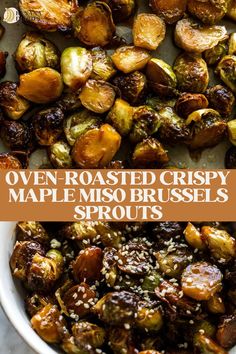 roasted crispy maple miso brussel sprouts in a white bowl