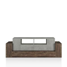 a concrete and wood coffee table with two shelves on each side, in front of a white background