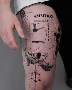 a person with tattoos on their legs and the words ambitious written in different languages above them