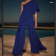 Blu Sage One Shoulder Jumpsuit **Nwt** Navy One Shoulder Ruffle Front Wide Leg Invisible Side Zipper **Tag Stitching Came Loose Noted In Pics** Black Elegant Jumpsuit, Elegant Jumpsuit, Cheap Jumpsuits, Off Shoulder Romper, Solid Jumpsuit, One Shoulder Jumpsuit, Jumpsuit Elegant, Long Trousers, Jumpsuit Party