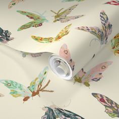 a white wallpaper with colorful butterflies on it