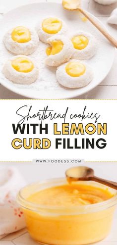 lemon curd cookies on a white plate with text overlay