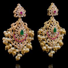 Selwa Earrings - á La Couture Chandbali Earrings Gold, Big Earrings Gold, Pretty Gold Necklaces, Pearl Earrings Designs, Kids Jewellery, Bridal Jewelery, Diamond Bracelet Design, Gold Earrings Wedding, Diamond Wedding Jewelry