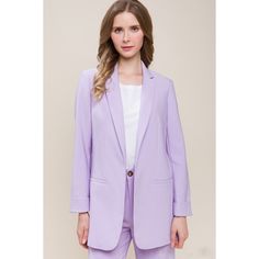 Look no further for that perfect lavender blazer! Our Woven Solid Vertigo features a pristine tailored look that is ideal for any special occasion. This jacket's subtle accents and a hint of texture make it a classic wardrobe staple, sure to last you through the years. Woven Solid Vertigo blazer Lavender 95% Polyester 5% Spandex Lavender Business, Types Of Blazers, Semi Formal Attire, Fashion Forward Outfits, Wholesale T Shirts, Dressy Blouse, Thrift Fashion, Classic Blazer, Fitted Blazer