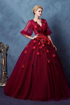 Red Fitted Organza Ball Gown, Fitted Red Organza Ball Gown, Elegant Red Organza Ball Gown, Red Organza Ball Gown Evening Dress, Red Organza Ball Gown For Prom, Red Floor-length Organza Gown, Red Organza Floor-length Gown, V Neck Ball Gown, Gown Neckline