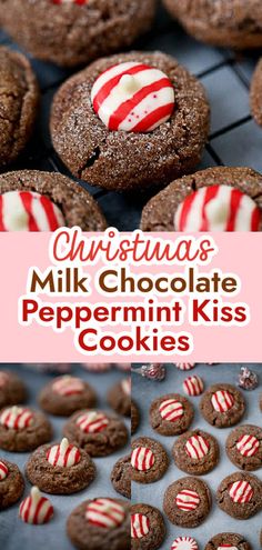 christmas milk chocolate peppermint kiss cookies on a cooling rack with candy canes