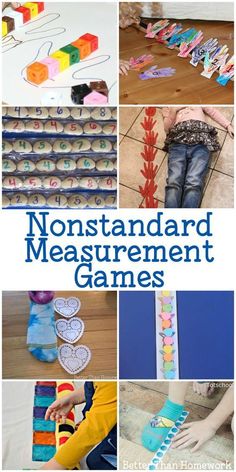 a collage of photos with the words nonstand measurement games