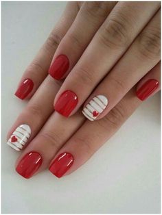 Red and White Valentine's Day Nails  #Candles #Fauxongles #Jolisongles #On    Ferdi Pins Nails 2018, Solid Color Nails, Valentine Nails, Pedicure Designs, Cute Nail Art Designs, Red Nail Designs, Nail Style