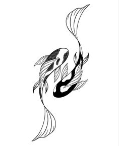 a black and white drawing of two koi fish swimming in the water with their tails curled up