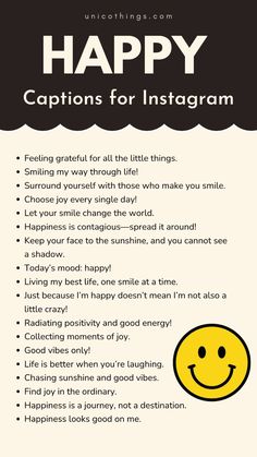 Need the perfect Happy Captions for Instagram? Whether you’re celebrating joyful moments, sharing a smile, or simply feeling great, these captions will help capture and spread your happiness.   What’s making you happy today? Drop it in the comments and let’s share those positive vibes together! Being Happy Captions, Positive Captions For Life, Great Day Captions Instagram, Happy Life Captions, Caption For Happy Picture, Great Day Captions, Instagram Quotes Captions Happiness, Happy Moments Captions, Captions For Happy Pictures