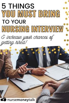 three people sitting at a table with notebooks and papers in front of them text reads 5 things you must bring to your nursing interview