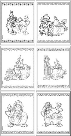 four different coloring pages for children to color and print on the same page, each with their own character