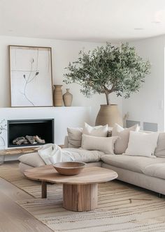 a living room filled with furniture and a tree in the middle of the room on top of a rug