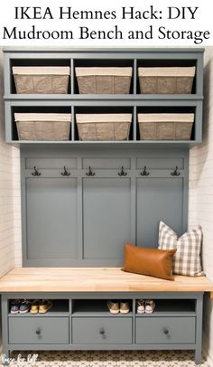 a mudroom bench and storage area with baskets on the top, underneath it is an ikea hemes hack diy