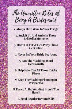 the unwritten rules of being a bridesmaid poster on purple glittered background